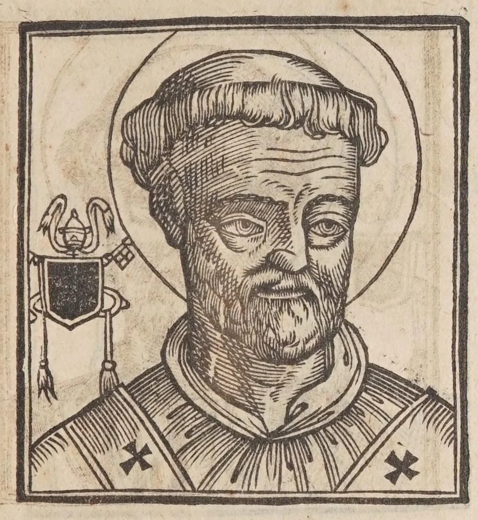 An illustration from Vitae romanorvm pontificvm a D. Petro vsqve ad Clementem VIII : ex Platinae historia in epitomen redactae, ac iuxta Onuphrij Paniunij eremitae augustiniani censionem ordinatae : his praeter alia accesserunt eorundem pontificum imagines ad viuum expressae, labore & industria Ioannis a Glano leodicensis incisae, 1597, leaf 69