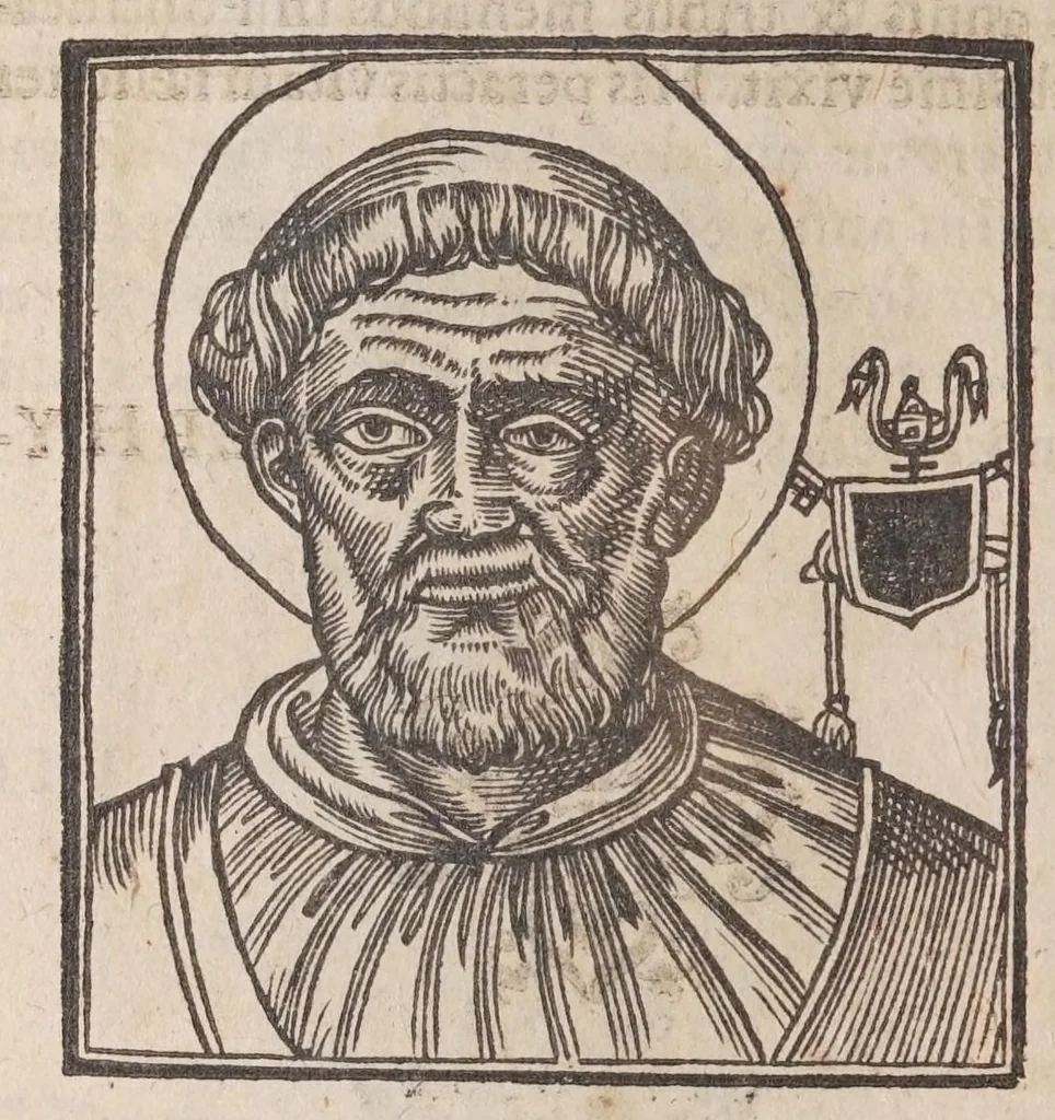 An illustration from Vitae romanorvm pontificvm a D. Petro vsqve ad Clementem VIII : ex Platinae historia in epitomen redactae, ac iuxta Onuphrij Paniunij eremitae augustiniani censionem ordinatae : his praeter alia accesserunt eorundem pontificum imagines ad viuum expressae, labore & industria Ioannis a Glano leodicensis incisae, 1597, leaf 76