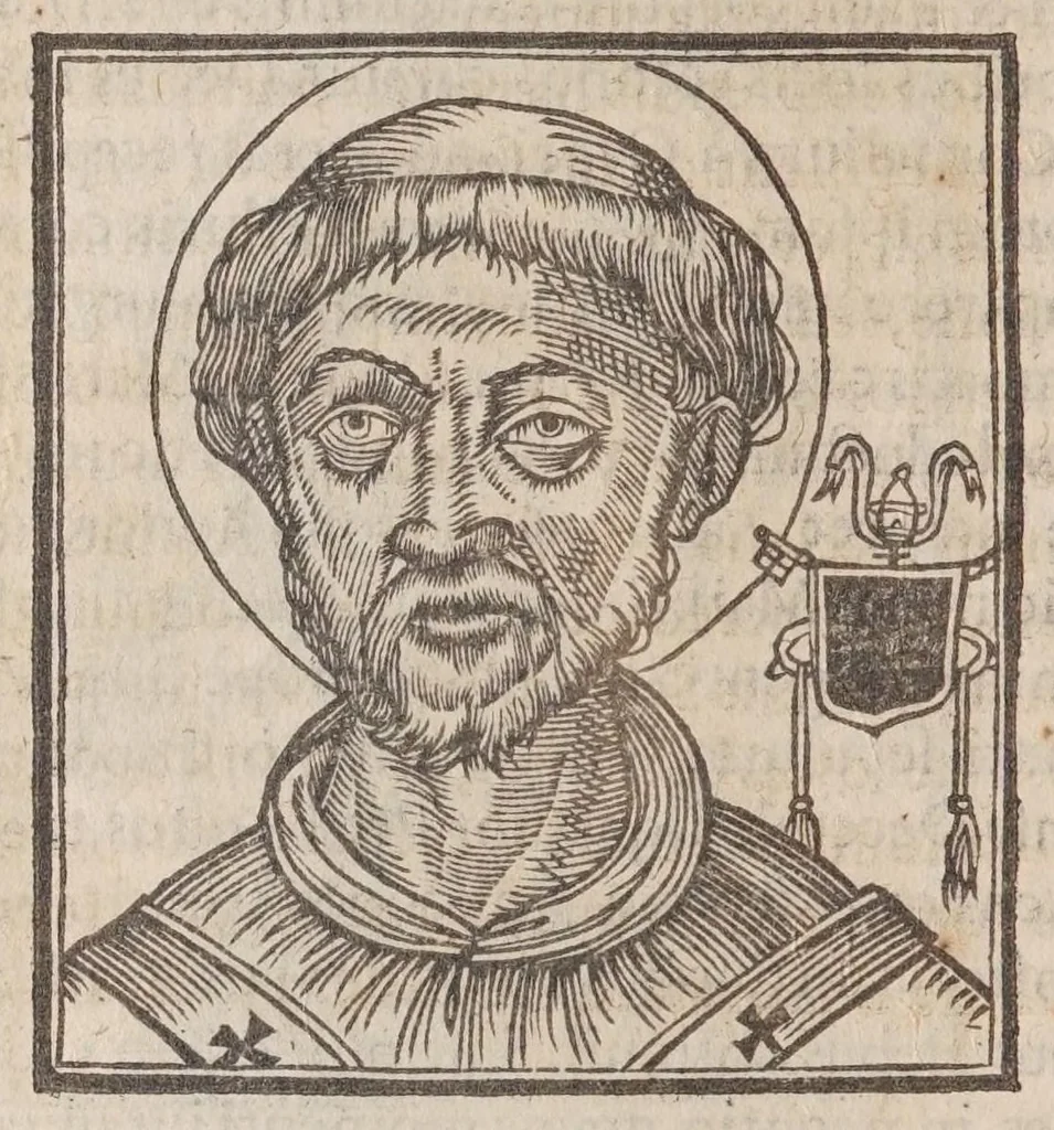 An illustration from Vitae romanorvm pontificvm a D. Petro vsqve ad Clementem VIII : ex Platinae historia in epitomen redactae, ac iuxta Onuphrij Paniunij eremitae augustiniani censionem ordinatae : his praeter alia accesserunt eorundem pontificum imagines ad viuum expressae, labore & industria Ioannis a Glano leodicensis incisae, 1597, leaf 92