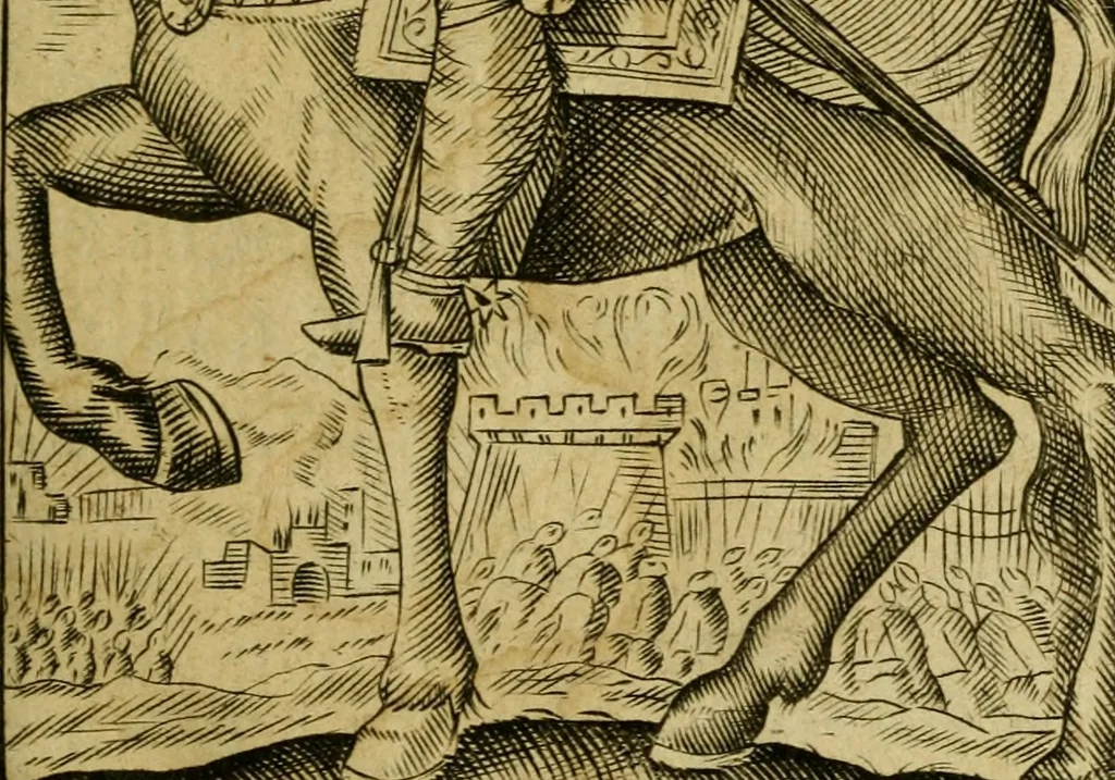 An illustration from Vita, et gesti d'Ezzelino Terzo da Roman : da l'origine al fine di sua famiglia, sotto la cui tirannide mancarono di morte violenta più di dodeci milla padouani, 1677, leaf 6