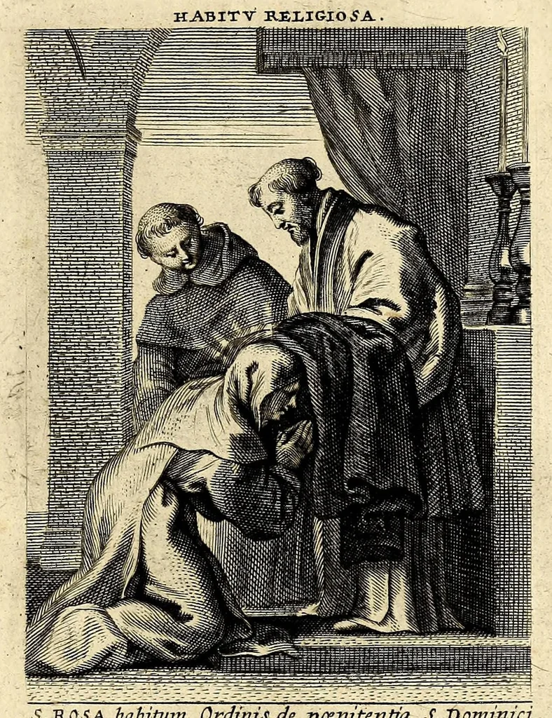 An illustration from Vita et historia S. Rosae a S. Maria quae nata Limae in regno Peruano 1586, obiit 1617 aetatis suae 31. : Adm. R.P. Mago. Fr. Michaeli de Toledo Proc. Gen. D. Praedic. Prov. S. Io. Bapt. in Peruvio, 1672, leaf 17