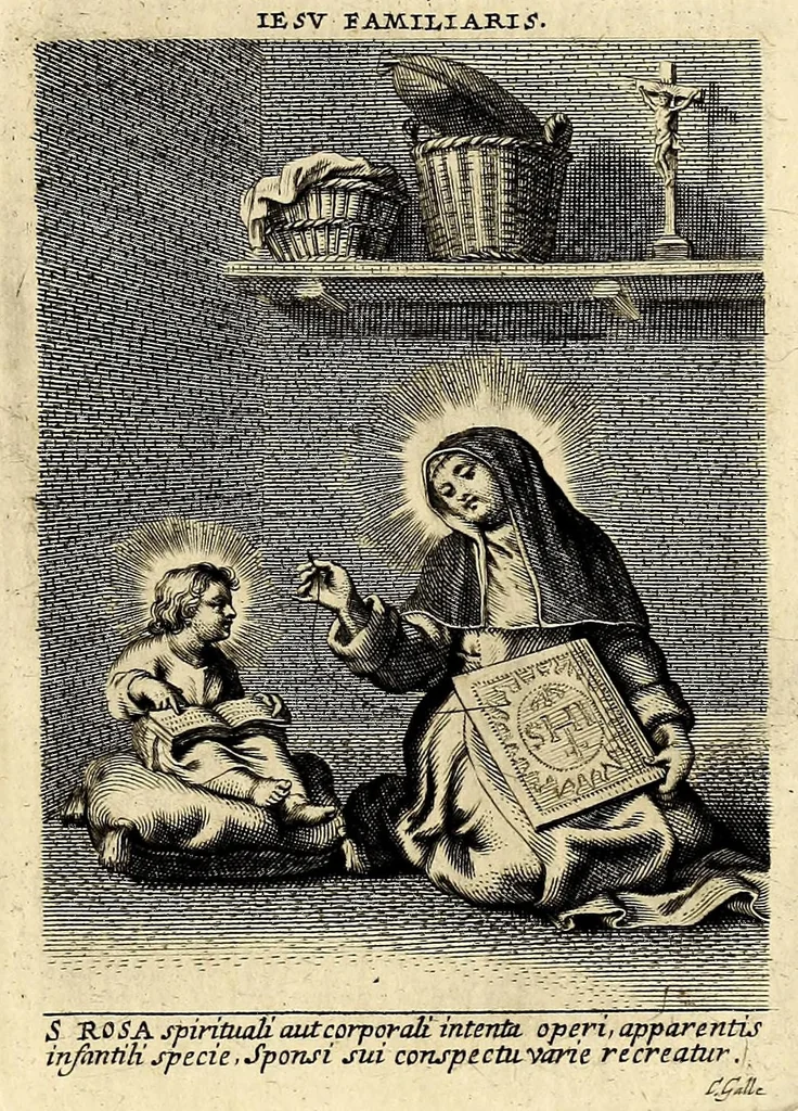 An illustration from Vita et historia S. Rosae a S. Maria quae nata Limae in regno Peruano 1586, obiit 1617 aetatis suae 31. : Adm. R.P. Mago. Fr. Michaeli de Toledo Proc. Gen. D. Praedic. Prov. S. Io. Bapt. in Peruvio, 1672, leaf 19