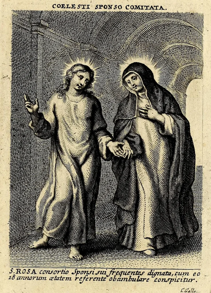 An illustration from Vita et historia S. Rosae a S. Maria quae nata Limae in regno Peruano 1586, obiit 1617 aetatis suae 31. : Adm. R.P. Mago. Fr. Michaeli de Toledo Proc. Gen. D. Praedic. Prov. S. Io. Bapt. in Peruvio, 1672, leaf 21
