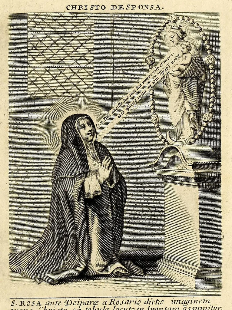 An illustration from Vita et historia S. Rosae a S. Maria quae nata Limae in regno Peruano 1586, obiit 1617 aetatis suae 31. : Adm. R.P. Mago. Fr. Michaeli de Toledo Proc. Gen. D. Praedic. Prov. S. Io. Bapt. in Peruvio, 1672, leaf 27