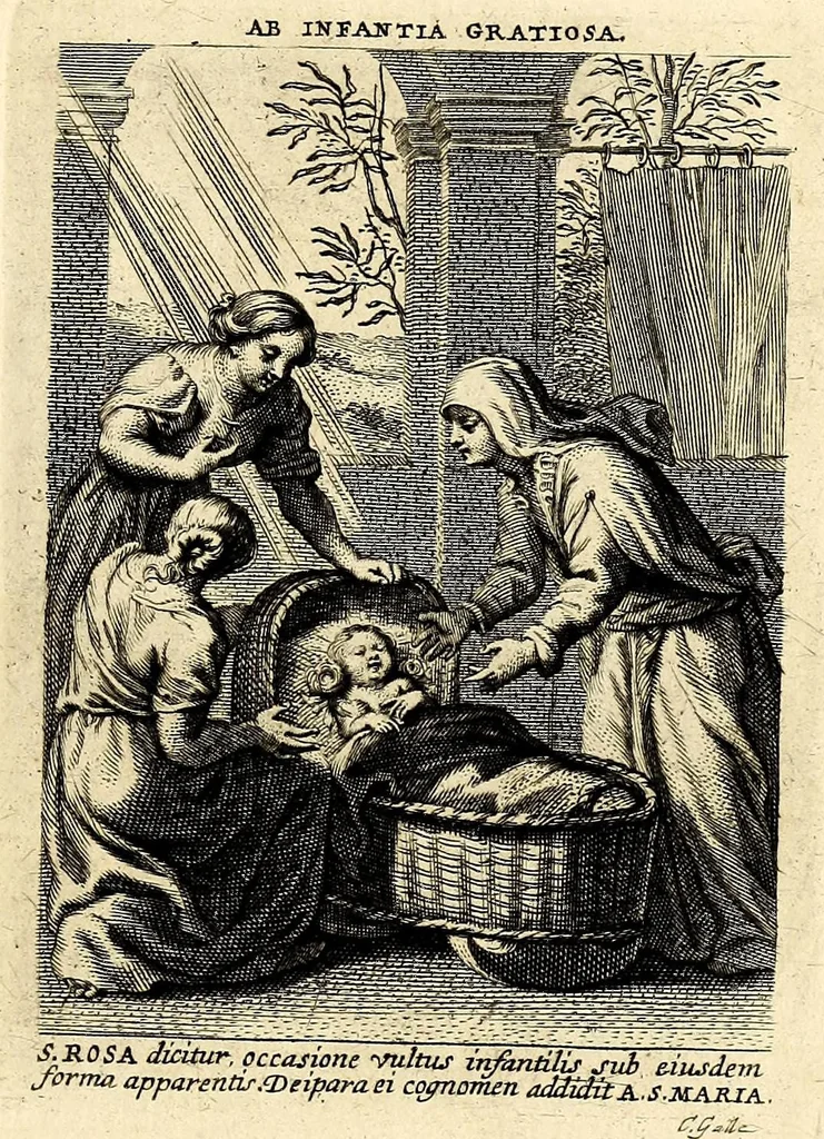 An illustration from Vita et historia S. Rosae a S. Maria quae nata Limae in regno Peruano 1586, obiit 1617 aetatis suae 31. : Adm. R.P. Mago. Fr. Michaeli de Toledo Proc. Gen. D. Praedic. Prov. S. Io. Bapt. in Peruvio, 1672, leaf 9