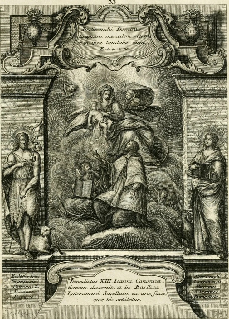 An illustration from Vita S. Joannis Nepomuceni, sigilli sacramentalis protomartyris, 1730, leaf 100