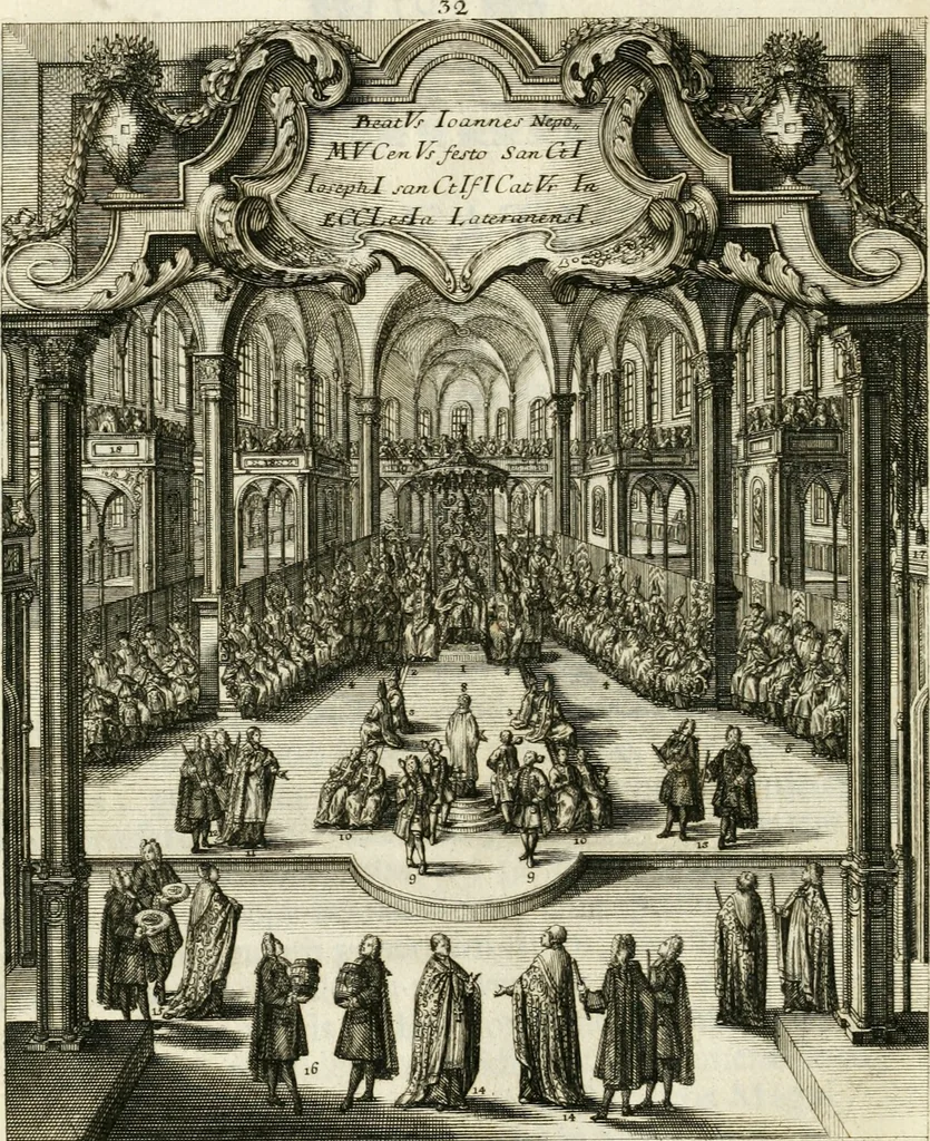 An illustration from Vita S. Joannis Nepomuceni, sigilli sacramentalis protomartyris, 1730, leaf 105