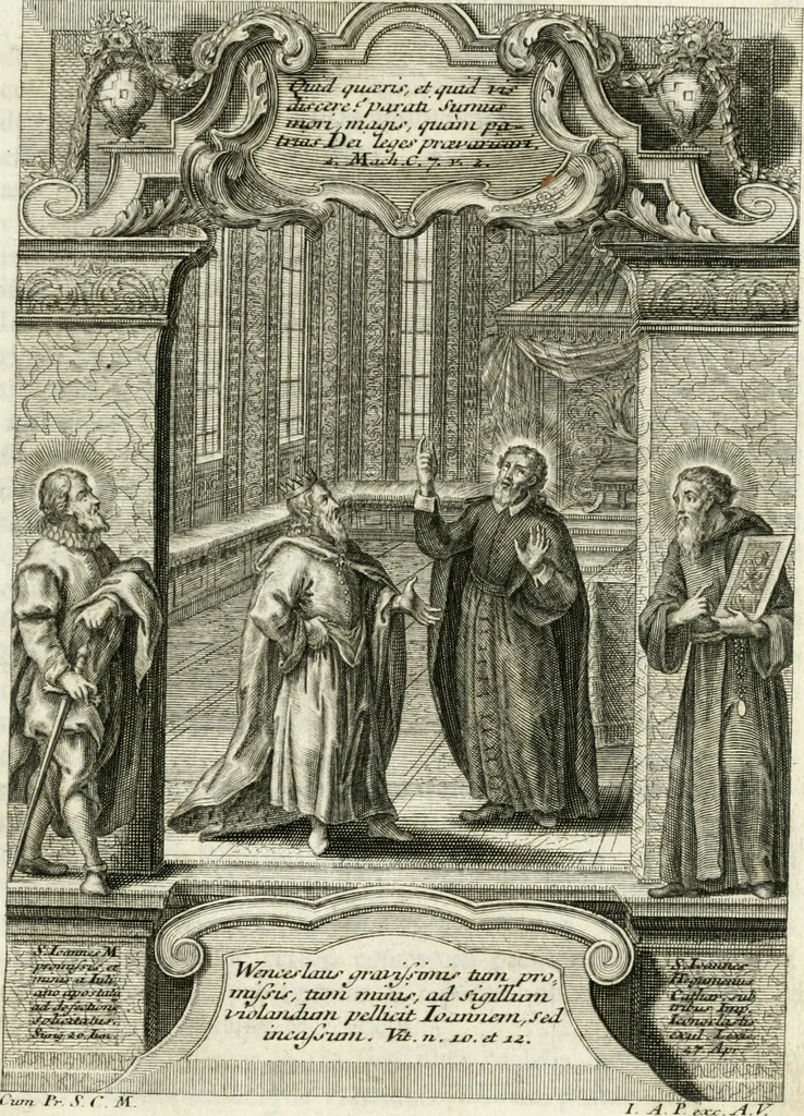 An illustration from Vita S. Joannis Nepomuceni, sigilli sacramentalis protomartyris, 1730, leaf 48