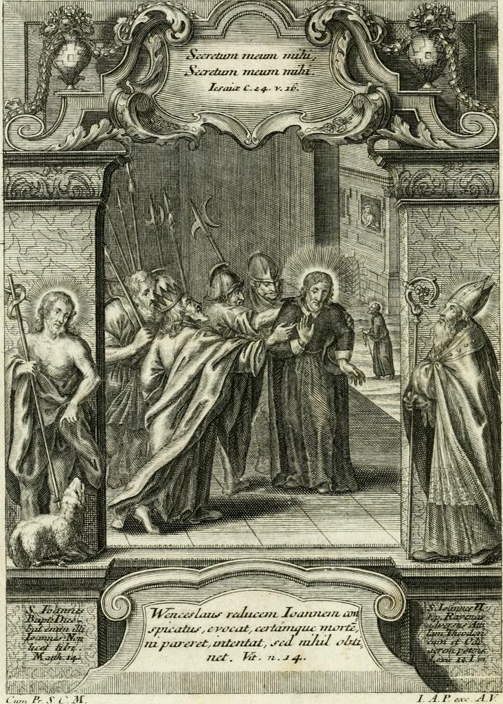 An illustration from Vita S. Joannis Nepomuceni, sigilli sacramentalis protomartyris, 1730, leaf 67