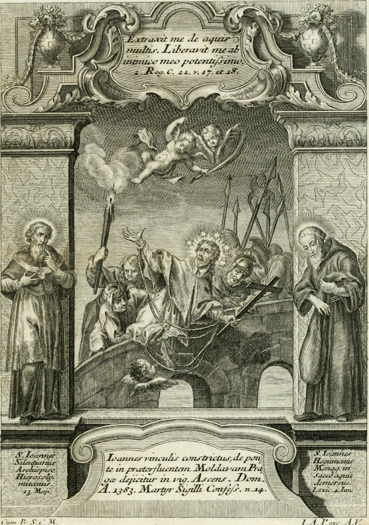 An illustration from Vita S. Joannis Nepomuceni, sigilli sacramentalis protomartyris, 1730, leaf 70