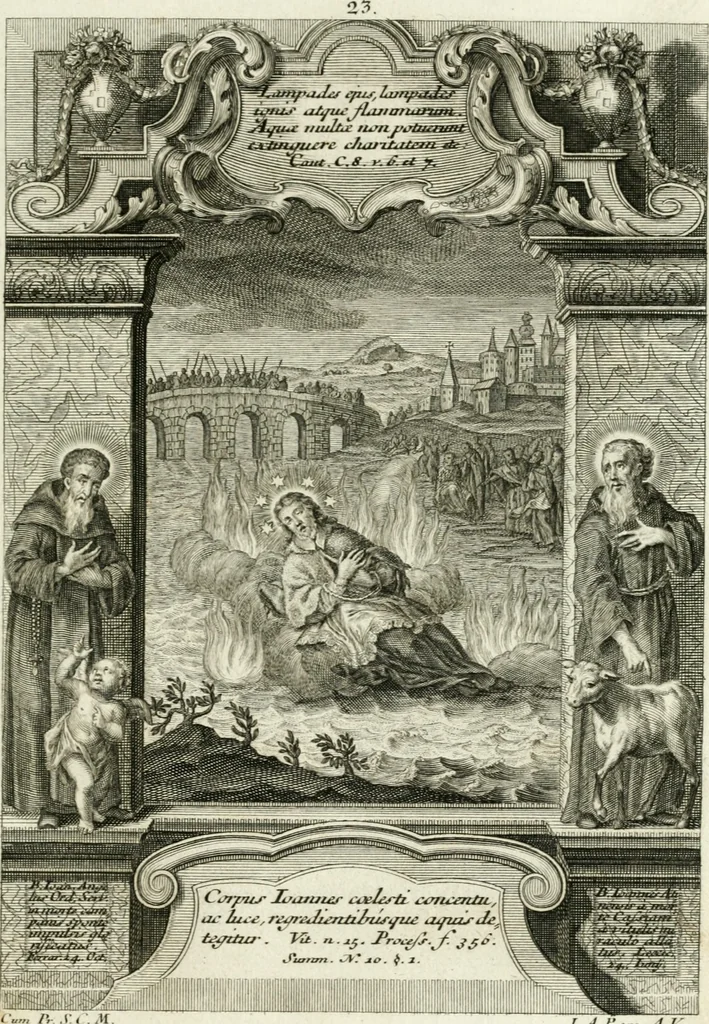 An illustration from Vita S. Joannis Nepomuceni, sigilli sacramentalis protomartyris, 1730, leaf 72