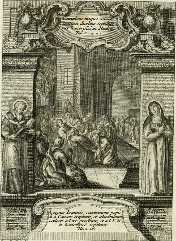 An illustration from Vita S. Joannis Nepomuceni, sigilli sacramentalis protomartyris, 1730, leaf 75