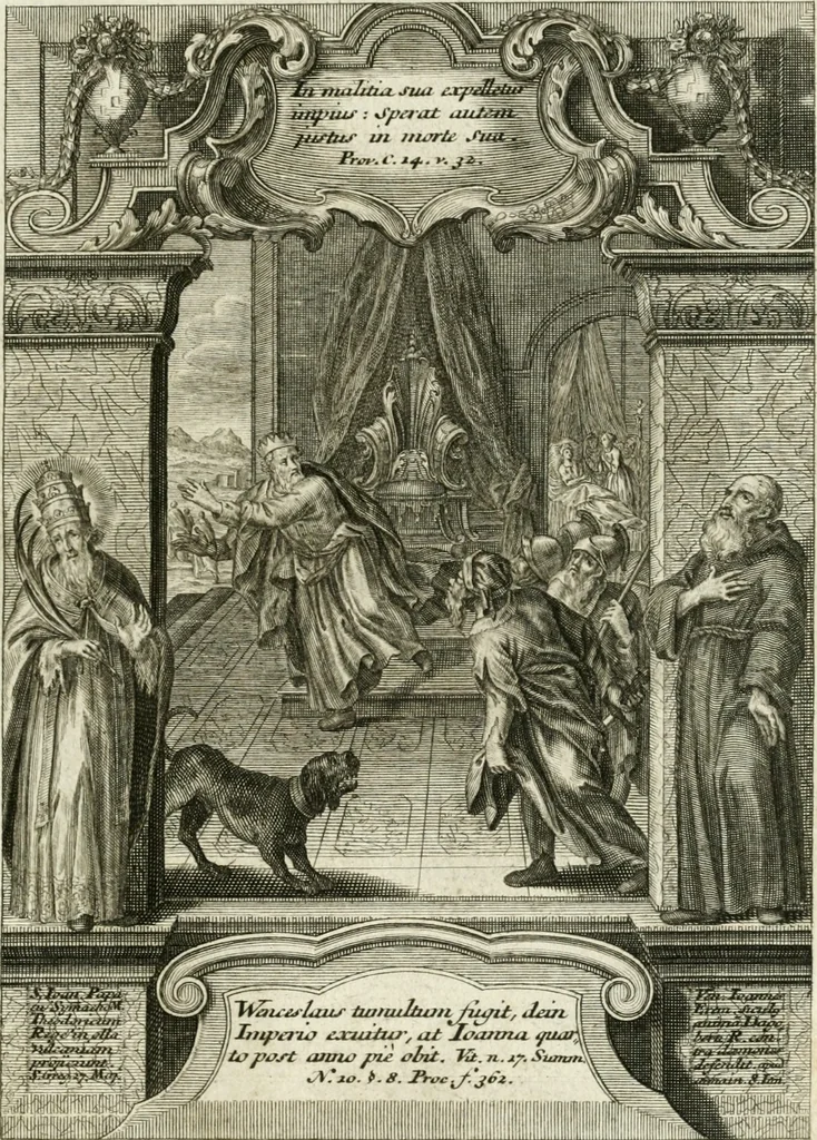 An illustration from Vita S. Joannis Nepomuceni, sigilli sacramentalis protomartyris, 1730, leaf 78