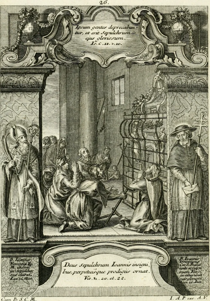 An illustration from Vita S. Joannis Nepomuceni, sigilli sacramentalis protomartyris, 1730, leaf 81