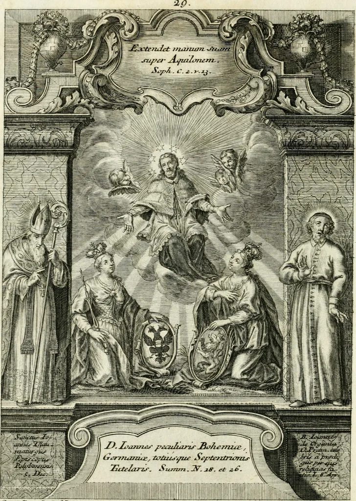 An illustration from Vita S. Joannis Nepomuceni, sigilli sacramentalis protomartyris, 1730, leaf 91