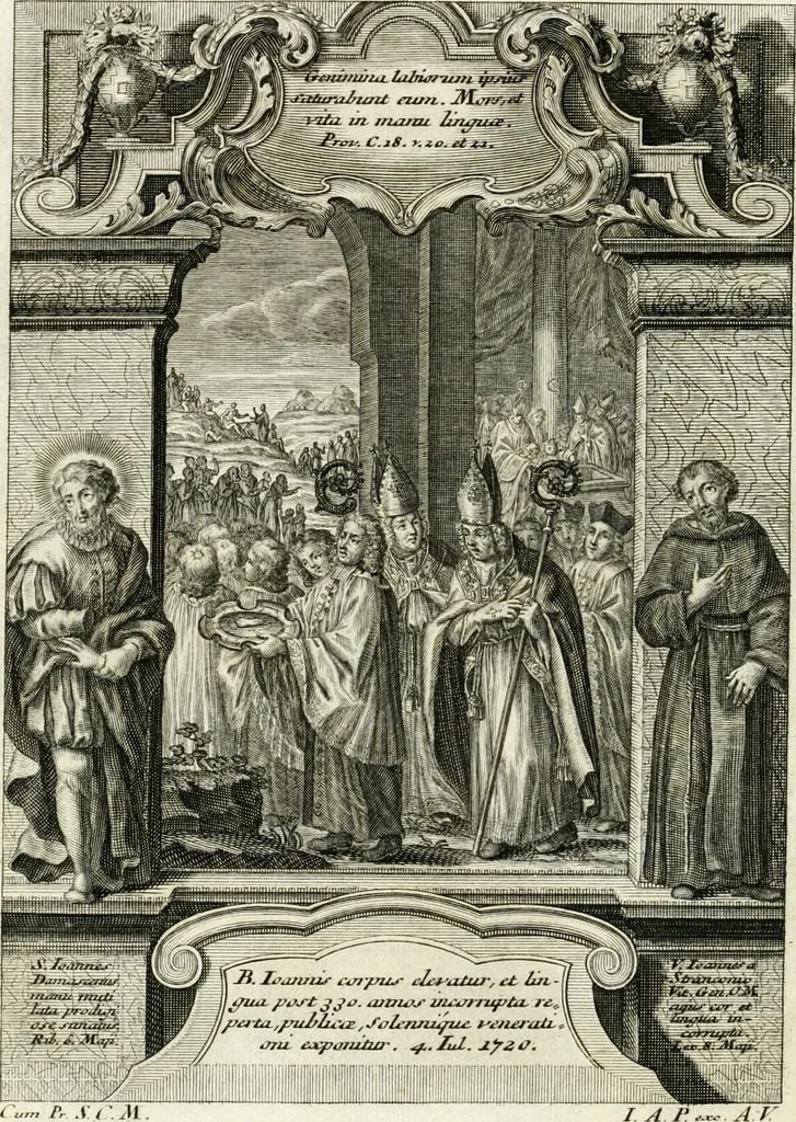 An illustration from Vita S. Joannis Nepomuceni, sigilli sacramentalis protomartyris, 1730, leaf 97