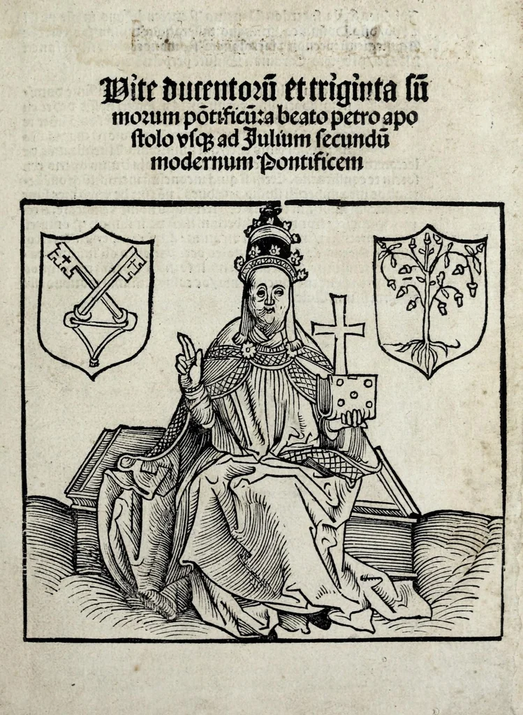 An illustration from Vite ducentorũ et triginta sum̃orum põtificũ : a beato Petro apostolo vsq[ue] ad Julium secundũ modernum pontificem, 1507, leaf 9