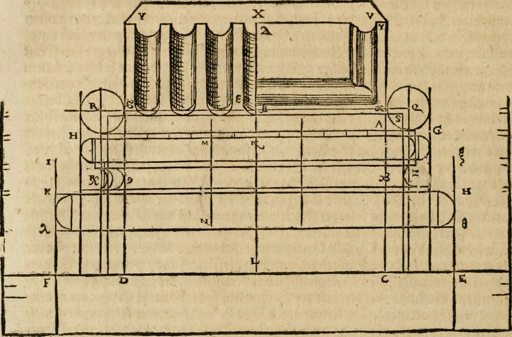 An illustration from Vitruuius, des aller namhafftigisten vnnd hocherfahrnesten, römischen Architecti, vnnd kunstreichen Werck oder Bawmeisters, Marci Vitruuij Pollionis, zehen Bücher von der Architectur vnd künstlichem Bawen ..., 1614, leaf 271