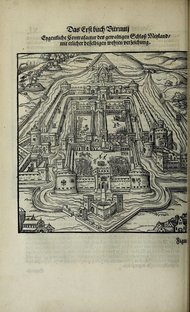 An illustration from Vitruuius teutsch : nemlichen des aller namhafftigisten vñ hocherfarnesten römischen Architecti vnd kunstreichen Werck oder Bawmeisters Marci Vitruuij Pollionis Zehen Bücher von der Architectur vnd künstlichem Bawen ..., 1548, leaf 124