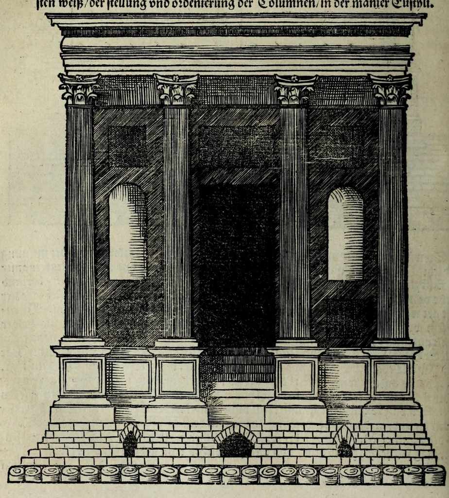An illustration from Vitruuius teutsch : nemlichen des aller namhafftigisten vñ hocherfarnesten römischen Architecti vnd kunstreichen Werck oder Bawmeisters Marci Vitruuij Pollionis Zehen Bücher von der Architectur vnd künstlichem Bawen ..., 1548, leaf 284