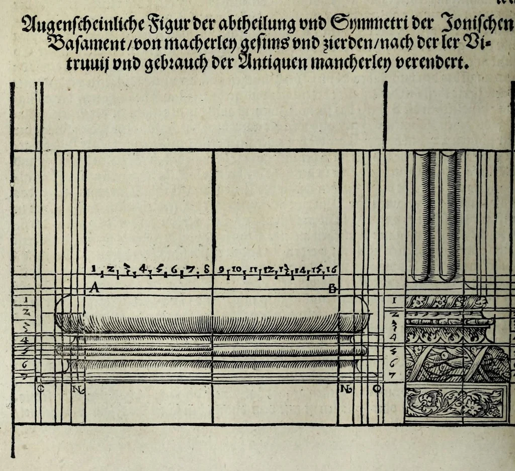 An illustration from Vitruuius teutsch : nemlichen des aller namhafftigisten vñ hocherfarnesten römischen Architecti vnd kunstreichen Werck oder Bawmeisters Marci Vitruuij Pollionis Zehen Bücher von der Architectur vnd künstlichem Bawen ..., 1548, leaf 304