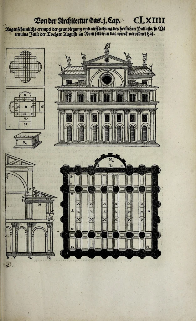 An illustration from Vitruuius teutsch : nemlichen des aller namhafftigisten vñ hocherfarnesten römischen Architecti vnd kunstreichen Werck oder Bawmeisters Marci Vitruuij Pollionis Zehen Bücher von der Architectur vnd künstlichem Bawen ..., 1548, leaf 387