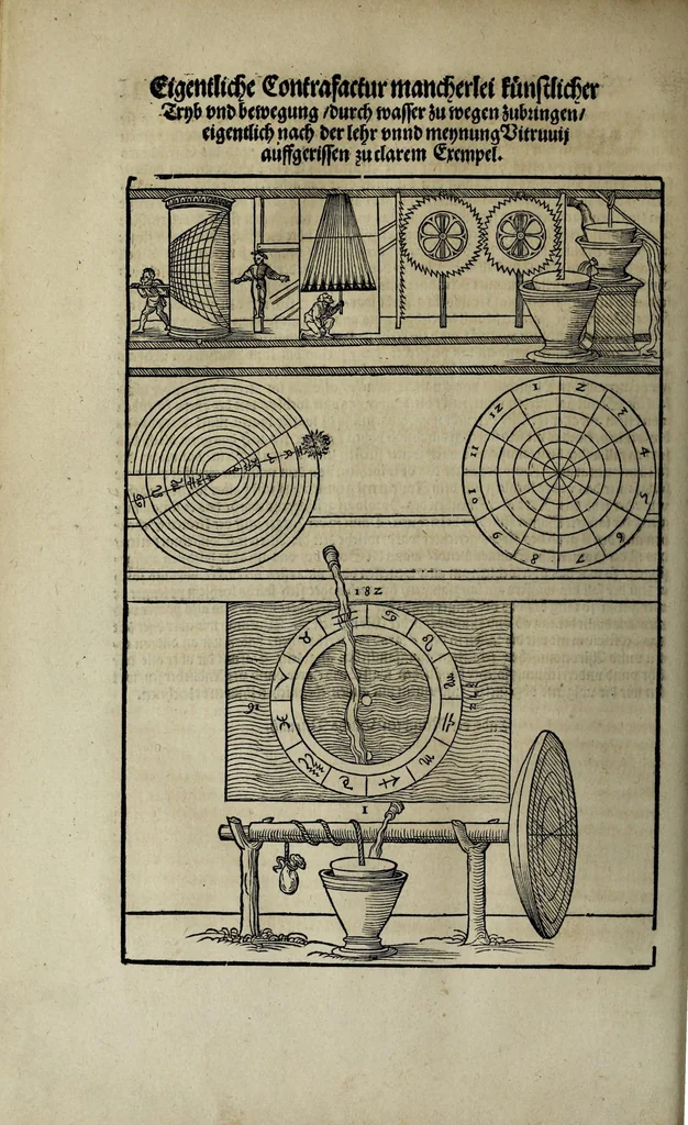An illustration from Vitruuius teutsch : nemlichen des aller namhafftigisten vñ hocherfarnesten römischen Architecti vnd kunstreichen Werck oder Bawmeisters Marci Vitruuij Pollionis Zehen Bücher von der Architectur vnd künstlichem Bawen ..., 1548, leaf 654