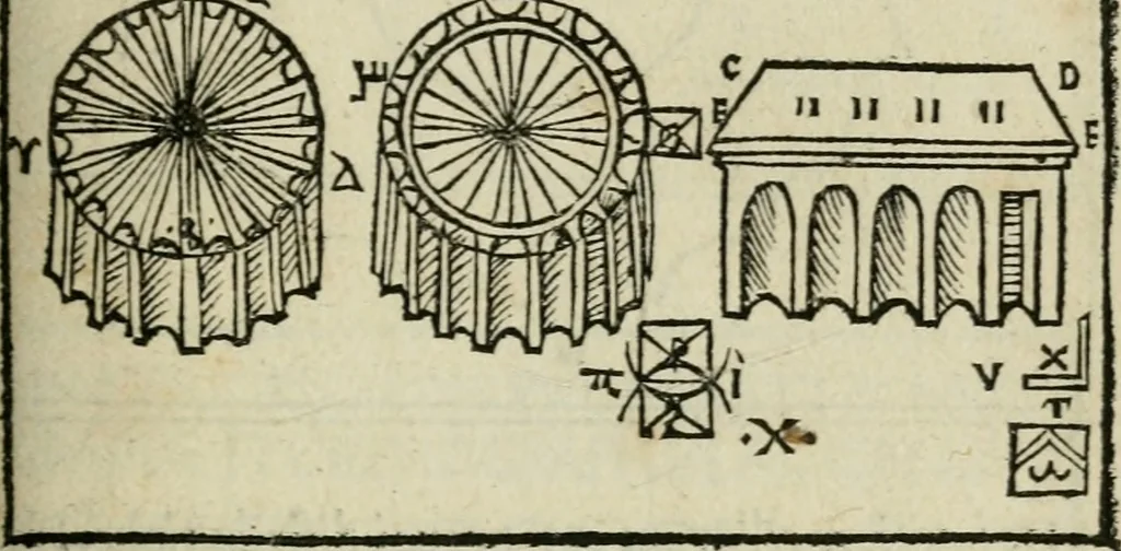 An illustration from M. Vitrvvii De architectura libri decem : summa diligentia recogniti atq; excusi : cum nonnullis figuris sub hoc signo * positis, nunq antea impraessis : additis Iulij Frontini De aqueductibus libris, proter materiae affinitatem, 1523, leaf 142