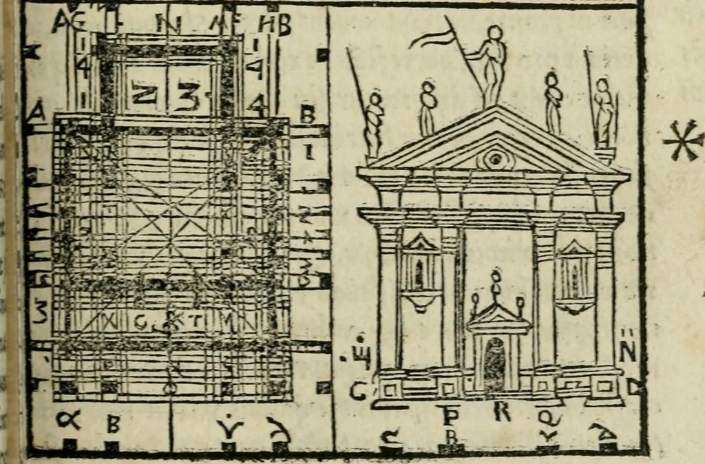 An illustration from M. Vitrvvii De architectura libri decem : summa diligentia recogniti atq; excusi : cum nonnullis figuris sub hoc signo * positis, nunq antea impraessis : additis Iulij Frontini De aqueductibus libris, proter materiae affinitatem, 1523, leaf 144