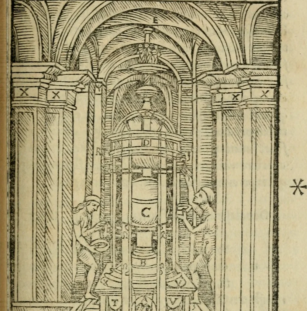An illustration from M. Vitrvvii De architectura libri decem : summa diligentia recogniti atq; excusi : cum nonnullis figuris sub hoc signo * positis, nunq antea impraessis : additis Iulij Frontini De aqueductibus libris, proter materiae affinitatem, 1523, leaf 190