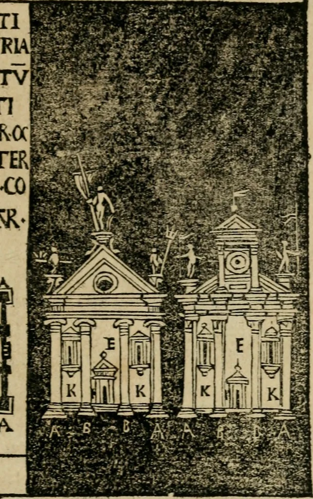 An illustration from M. Vitrvvii De architectura libri decem : summa diligentia recogniti atq; excusi : cum nonnullis figuris sub hoc signo * positis, nunq antea impraessis : additis Iulij Frontini De aqueductibus libris, proter materiae affinitatem, 1523, leaf 96