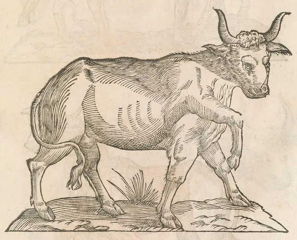 An illustration from Vlyssis Aldrouandi patricii Bononiensis Quadrupedum omniu[m] bisulcoru[m] historia, 1621, leaf 151