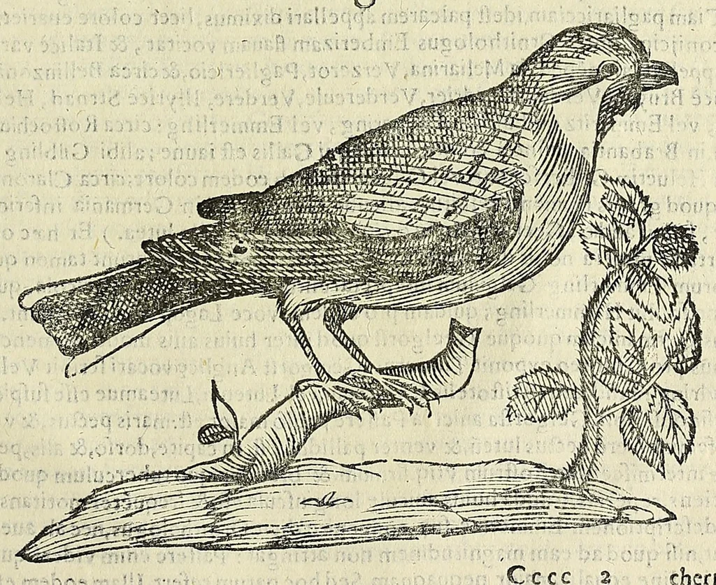 An illustration from Vlyssis Aldrovandi philosophi ac medici Bononiensis historiam naturalem in gymnasio Bononiensi profitentis, Ornithologiae, hoc est, De avibus historiae libri XII ... : cum indice septendecim linguarum copiosissimo, 1599, leaf 873