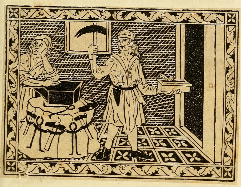 An illustration from Volgarizzamento del libro de' costumi e degli offizii de' nobili sopra il giuoco degli scacchi di frate Jacopo da Cessole, tratto nuovamente da un codice Magliabechiano, 1829, leaf 97