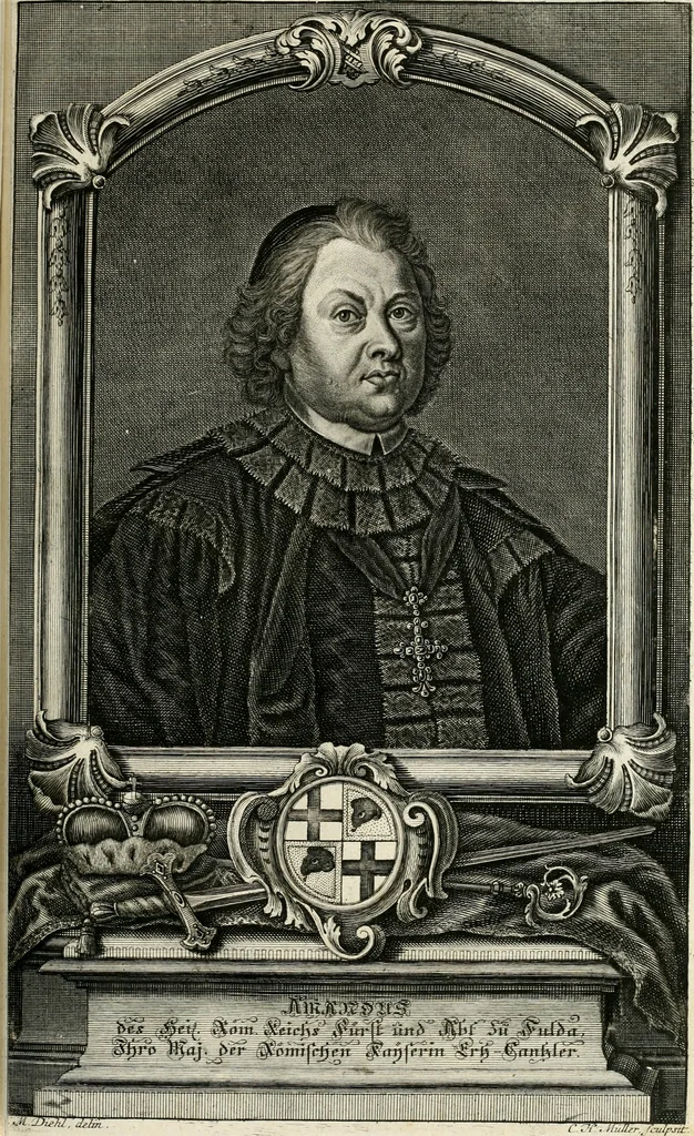 An illustration from Vollständiges Diarium von den merckwürdigsten Begebenheiten die sich vor, in und nach der höchst-beglückten Wahl und Crönung des allerdurchlauchtigsten, grossmächtigsten und unüberwindlichsten Fürsten und Herrn, Herrn Carls des VII., erwehlten Römischen Kaysers ... im gantzen Heil. Röm. Reich, und sonderlich in dieser freyen Reichs- und Wahl-Stadt Franckfurt am Mayn zugetragen : nebst umständlicher Beschreibung der Ein- und Aufzüge, Freuden-Feste, und übrigen feyerlichen Handlungen, sammt vielen Urkunden, Portraits, und andern Kupferstichen : auch einem Anhang von Beylagen, und ausführlichem Register .., 1742, leaf 1044
