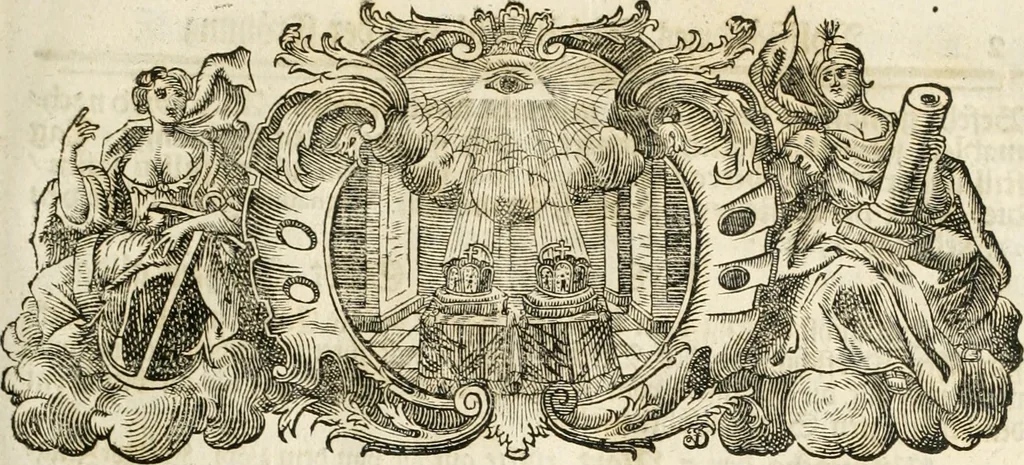 An illustration from Vollständiges Diarium von den merckwürdigsten Begebenheiten die sich vor, in und nach der höchst-beglückten Wahl und Crönung des allerdurchlauchtigsten, grossmächtigsten und unüberwindlichsten Fürsten und Herrn, Herrn Carls des VII., erwehlten Römischen Kaysers ... im gantzen Heil. Röm. Reich, und sonderlich in dieser freyen Reichs- und Wahl-Stadt Franckfurt am Mayn zugetragen : nebst umständlicher Beschreibung der Ein- und Aufzüge, Freuden-Feste, und übrigen feyerlichen Handlungen, sammt vielen Urkunden, Portraits, und andern Kupferstichen : auch einem Anhang von Beylagen, und ausführlichem Register .., 1742, leaf 1048