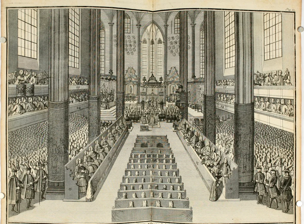An illustration from Vollständiges Diarium von den merckwürdigsten Begebenheiten die sich vor, in und nach der höchst-beglückten Wahl und Crönung des allerdurchlauchtigsten, grossmächtigsten und unüberwindlichsten Fürsten und Herrn, Herrn Carls des VII., erwehlten Römischen Kaysers ... im gantzen Heil. Röm. Reich, und sonderlich in dieser freyen Reichs- und Wahl-Stadt Franckfurt am Mayn zugetragen : nebst umständlicher Beschreibung der Ein- und Aufzüge, Freuden-Feste, und übrigen feyerlichen Handlungen, sammt vielen Urkunden, Portraits, und andern Kupferstichen : auch einem Anhang von Beylagen, und ausführlichem Register .., 1742, leaf 1061