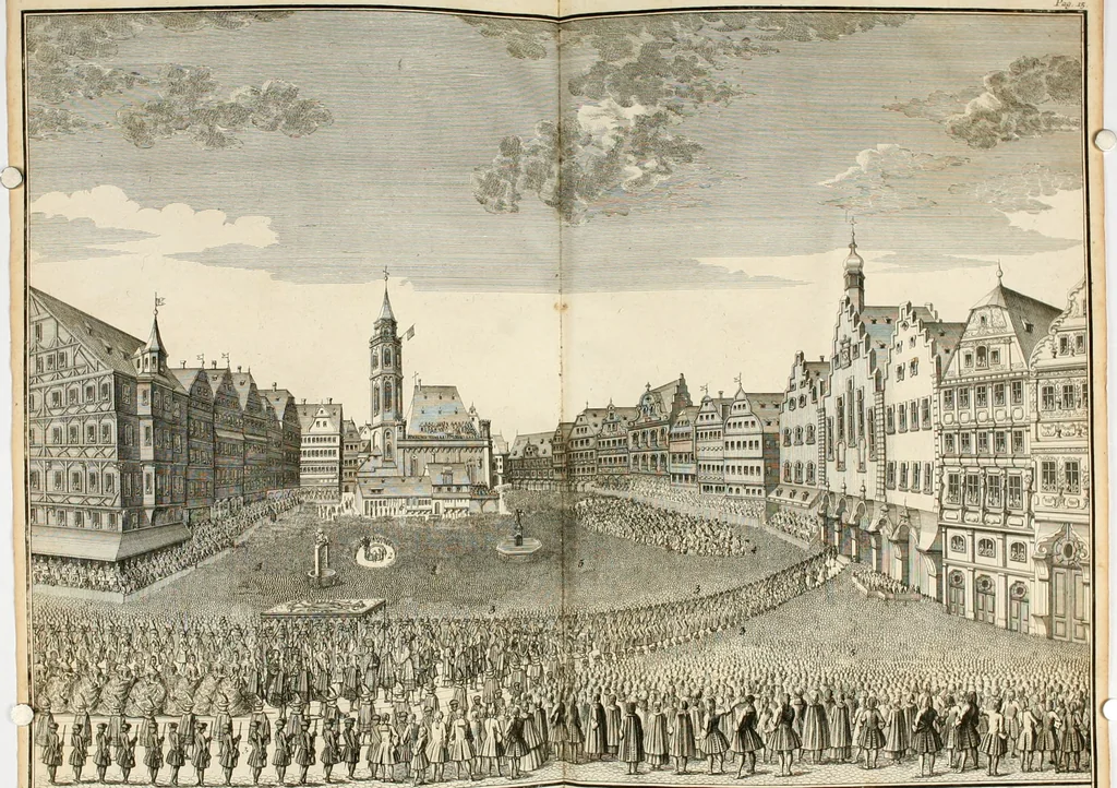 An illustration from Vollständiges Diarium von den merckwürdigsten Begebenheiten die sich vor, in und nach der höchst-beglückten Wahl und Crönung des allerdurchlauchtigsten, grossmächtigsten und unüberwindlichsten Fürsten und Herrn, Herrn Carls des VII., erwehlten Römischen Kaysers ... im gantzen Heil. Röm. Reich, und sonderlich in dieser freyen Reichs- und Wahl-Stadt Franckfurt am Mayn zugetragen : nebst umständlicher Beschreibung der Ein- und Aufzüge, Freuden-Feste, und übrigen feyerlichen Handlungen, sammt vielen Urkunden, Portraits, und andern Kupferstichen : auch einem Anhang von Beylagen, und ausführlichem Register .., 1742, leaf 1065
