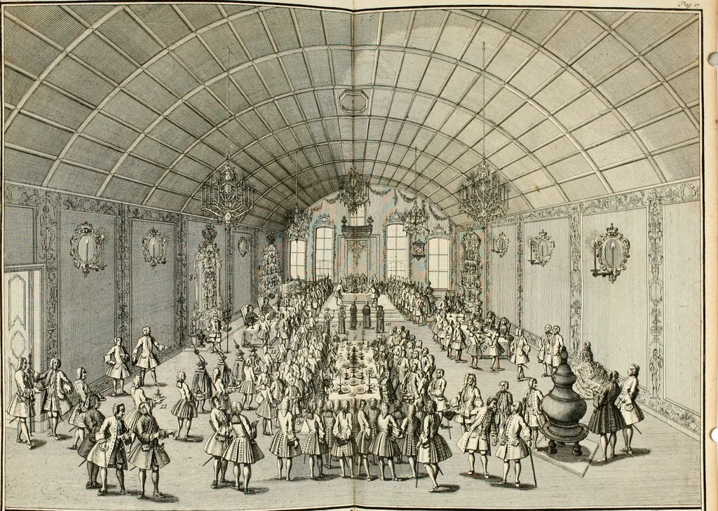 An illustration from Vollständiges Diarium von den merckwürdigsten Begebenheiten die sich vor, in und nach der höchst-beglückten Wahl und Crönung des allerdurchlauchtigsten, grossmächtigsten und unüberwindlichsten Fürsten und Herrn, Herrn Carls des VII., erwehlten Römischen Kaysers ... im gantzen Heil. Röm. Reich, und sonderlich in dieser freyen Reichs- und Wahl-Stadt Franckfurt am Mayn zugetragen : nebst umständlicher Beschreibung der Ein- und Aufzüge, Freuden-Feste, und übrigen feyerlichen Handlungen, sammt vielen Urkunden, Portraits, und andern Kupferstichen : auch einem Anhang von Beylagen, und ausführlichem Register .., 1742, leaf 1071