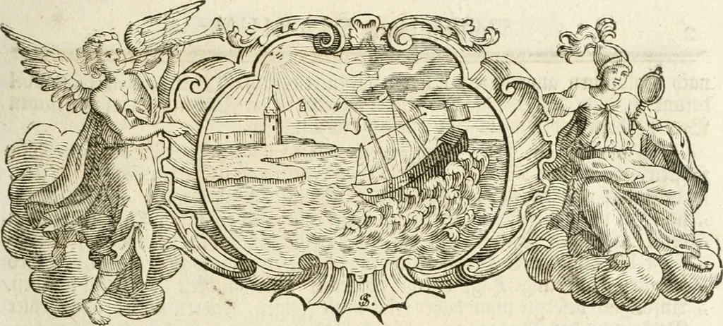 An illustration from Vollständiges Diarium von den merckwürdigsten Begebenheiten die sich vor, in und nach der höchst-beglückten Wahl und Crönung des allerdurchlauchtigsten, grossmächtigsten und unüberwindlichsten Fürsten und Herrn, Herrn Carls des VII., erwehlten Römischen Kaysers ... im gantzen Heil. Röm. Reich, und sonderlich in dieser freyen Reichs- und Wahl-Stadt Franckfurt am Mayn zugetragen : nebst umständlicher Beschreibung der Ein- und Aufzüge, Freuden-Feste, und übrigen feyerlichen Handlungen, sammt vielen Urkunden, Portraits, und andern Kupferstichen : auch einem Anhang von Beylagen, und ausführlichem Register .., 1742, leaf 112