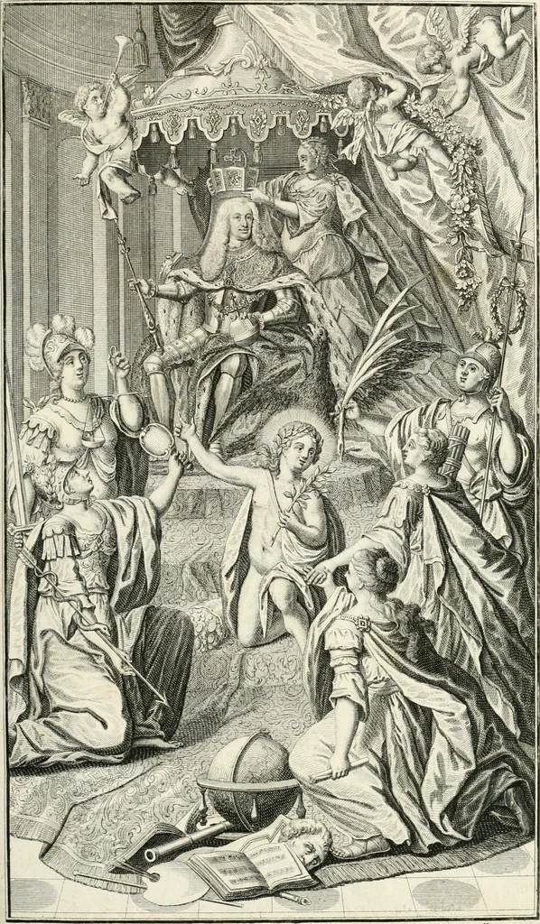 An illustration from Vollständiges Diarium von den merckwürdigsten Begebenheiten die sich vor, in und nach der höchst-beglückten Wahl und Crönung des allerdurchlauchtigsten, grossmächtigsten und unüberwindlichsten Fürsten und Herrn, Herrn Carls des VII., erwehlten Römischen Kaysers ... im gantzen Heil. Röm. Reich, und sonderlich in dieser freyen Reichs- und Wahl-Stadt Franckfurt am Mayn zugetragen : nebst umständlicher Beschreibung der Ein- und Aufzüge, Freuden-Feste, und übrigen feyerlichen Handlungen, sammt vielen Urkunden, Portraits, und andern Kupferstichen : auch einem Anhang von Beylagen, und ausführlichem Register .., 1742, leaf 12