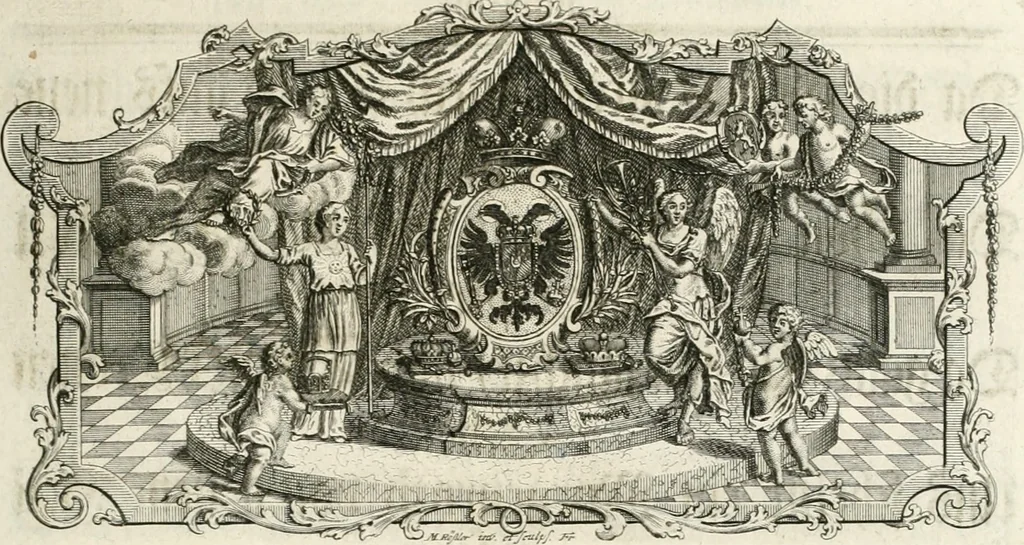 An illustration from Vollständiges Diarium von den merckwürdigsten Begebenheiten die sich vor, in und nach der höchst-beglückten Wahl und Crönung des allerdurchlauchtigsten, grossmächtigsten und unüberwindlichsten Fürsten und Herrn, Herrn Carls des VII., erwehlten Römischen Kaysers ... im gantzen Heil. Röm. Reich, und sonderlich in dieser freyen Reichs- und Wahl-Stadt Franckfurt am Mayn zugetragen : nebst umständlicher Beschreibung der Ein- und Aufzüge, Freuden-Feste, und übrigen feyerlichen Handlungen, sammt vielen Urkunden, Portraits, und andern Kupferstichen : auch einem Anhang von Beylagen, und ausführlichem Register .., 1742, leaf 28