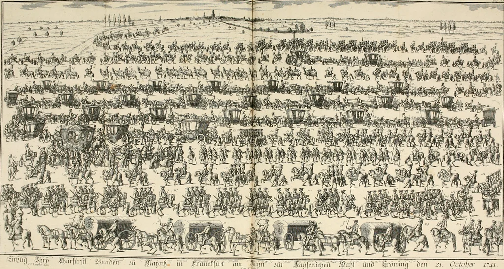 An illustration from Vollständiges Diarium von den merckwürdigsten Begebenheiten die sich vor, in und nach der höchst-beglückten Wahl und Crönung des allerdurchlauchtigsten, grossmächtigsten und unüberwindlichsten Fürsten und Herrn, Herrn Carls des VII., erwehlten Römischen Kaysers ... im gantzen Heil. Röm. Reich, und sonderlich in dieser freyen Reichs- und Wahl-Stadt Franckfurt am Mayn zugetragen : nebst umständlicher Beschreibung der Ein- und Aufzüge, Freuden-Feste, und übrigen feyerlichen Handlungen, sammt vielen Urkunden, Portraits, und andern Kupferstichen : auch einem Anhang von Beylagen, und ausführlichem Register .., 1742, leaf 284