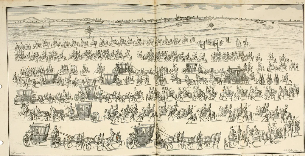An illustration from Vollständiges Diarium von den merckwürdigsten Begebenheiten die sich vor, in und nach der höchst-beglückten Wahl und Crönung des allerdurchlauchtigsten, grossmächtigsten und unüberwindlichsten Fürsten und Herrn, Herrn Carls des VII., erwehlten Römischen Kaysers ... im gantzen Heil. Röm. Reich, und sonderlich in dieser freyen Reichs- und Wahl-Stadt Franckfurt am Mayn zugetragen : nebst umständlicher Beschreibung der Ein- und Aufzüge, Freuden-Feste, und übrigen feyerlichen Handlungen, sammt vielen Urkunden, Portraits, und andern Kupferstichen : auch einem Anhang von Beylagen, und ausführlichem Register .., 1742, leaf 323