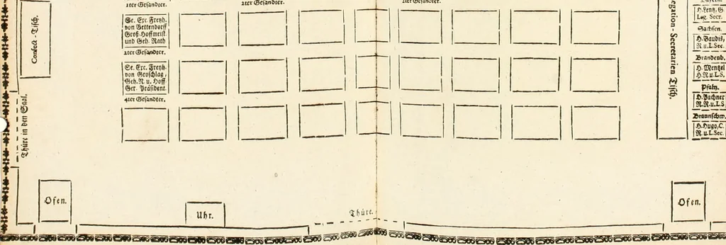 An illustration from Vollständiges Diarium von den merckwürdigsten Begebenheiten die sich vor, in und nach der höchst-beglückten Wahl und Crönung des allerdurchlauchtigsten, grossmächtigsten und unüberwindlichsten Fürsten und Herrn, Herrn Carls des VII., erwehlten Römischen Kaysers ... im gantzen Heil. Röm. Reich, und sonderlich in dieser freyen Reichs- und Wahl-Stadt Franckfurt am Mayn zugetragen : nebst umständlicher Beschreibung der Ein- und Aufzüge, Freuden-Feste, und übrigen feyerlichen Handlungen, sammt vielen Urkunden, Portraits, und andern Kupferstichen : auch einem Anhang von Beylagen, und ausführlichem Register .., 1742, leaf 337