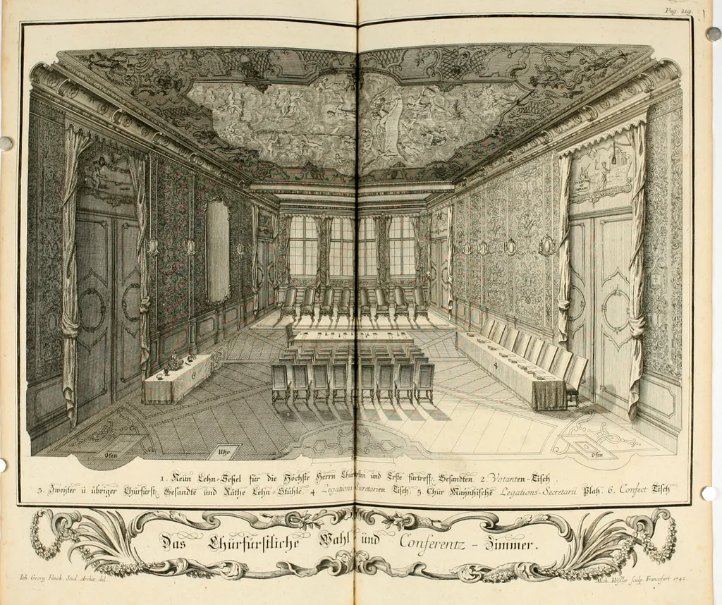 An illustration from Vollständiges Diarium von den merckwürdigsten Begebenheiten die sich vor, in und nach der höchst-beglückten Wahl und Crönung des allerdurchlauchtigsten, grossmächtigsten und unüberwindlichsten Fürsten und Herrn, Herrn Carls des VII., erwehlten Römischen Kaysers ... im gantzen Heil. Röm. Reich, und sonderlich in dieser freyen Reichs- und Wahl-Stadt Franckfurt am Mayn zugetragen : nebst umständlicher Beschreibung der Ein- und Aufzüge, Freuden-Feste, und übrigen feyerlichen Handlungen, sammt vielen Urkunden, Portraits, und andern Kupferstichen : auch einem Anhang von Beylagen, und ausführlichem Register .., 1742, leaf 341