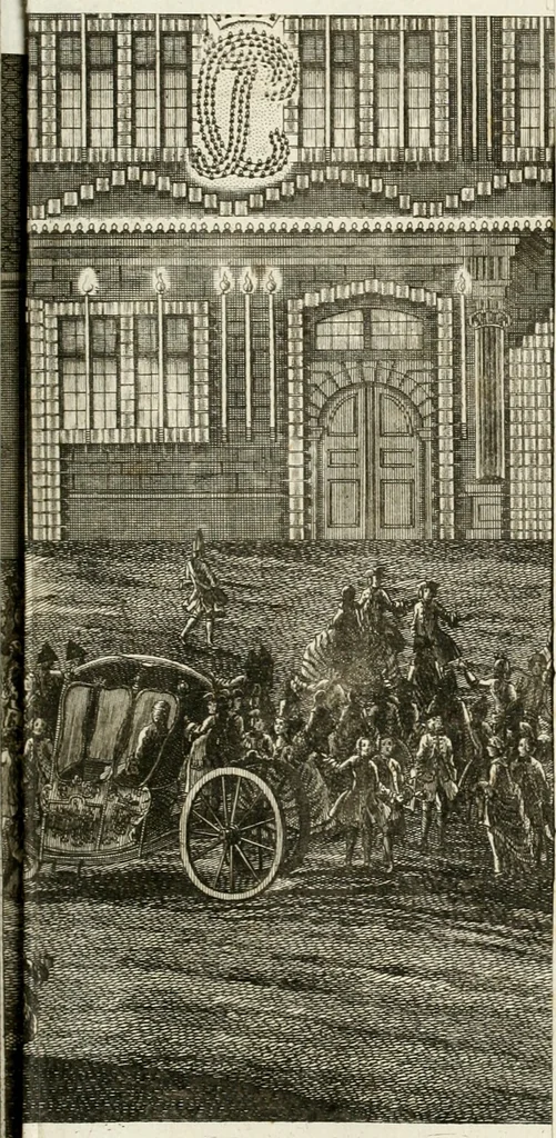 An illustration from Vollständiges Diarium von den merckwürdigsten Begebenheiten die sich vor, in und nach der höchst-beglückten Wahl und Crönung des allerdurchlauchtigsten, grossmächtigsten und unüberwindlichsten Fürsten und Herrn, Herrn Carls des VII., erwehlten Römischen Kaysers ... im gantzen Heil. Röm. Reich, und sonderlich in dieser freyen Reichs- und Wahl-Stadt Franckfurt am Mayn zugetragen : nebst umständlicher Beschreibung der Ein- und Aufzüge, Freuden-Feste, und übrigen feyerlichen Handlungen, sammt vielen Urkunden, Portraits, und andern Kupferstichen : auch einem Anhang von Beylagen, und ausführlichem Register .., 1742, leaf 362