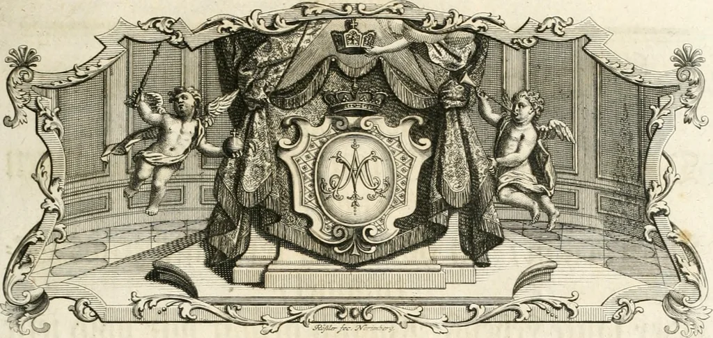 An illustration from Vollständiges Diarium von den merckwürdigsten Begebenheiten die sich vor, in und nach der höchst-beglückten Wahl und Crönung des allerdurchlauchtigsten, grossmächtigsten und unüberwindlichsten Fürsten und Herrn, Herrn Carls des VII., erwehlten Römischen Kaysers ... im gantzen Heil. Röm. Reich, und sonderlich in dieser freyen Reichs- und Wahl-Stadt Franckfurt am Mayn zugetragen : nebst umständlicher Beschreibung der Ein- und Aufzüge, Freuden-Feste, und übrigen feyerlichen Handlungen, sammt vielen Urkunden, Portraits, und andern Kupferstichen : auch einem Anhang von Beylagen, und ausführlichem Register .., 1742, leaf 38