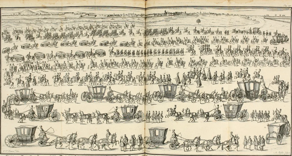An illustration from Vollständiges Diarium von den merckwürdigsten Begebenheiten die sich vor, in und nach der höchst-beglückten Wahl und Crönung des allerdurchlauchtigsten, grossmächtigsten und unüberwindlichsten Fürsten und Herrn, Herrn Carls des VII., erwehlten Römischen Kaysers ... im gantzen Heil. Röm. Reich, und sonderlich in dieser freyen Reichs- und Wahl-Stadt Franckfurt am Mayn zugetragen : nebst umständlicher Beschreibung der Ein- und Aufzüge, Freuden-Feste, und übrigen feyerlichen Handlungen, sammt vielen Urkunden, Portraits, und andern Kupferstichen : auch einem Anhang von Beylagen, und ausführlichem Register .., 1742, leaf 383