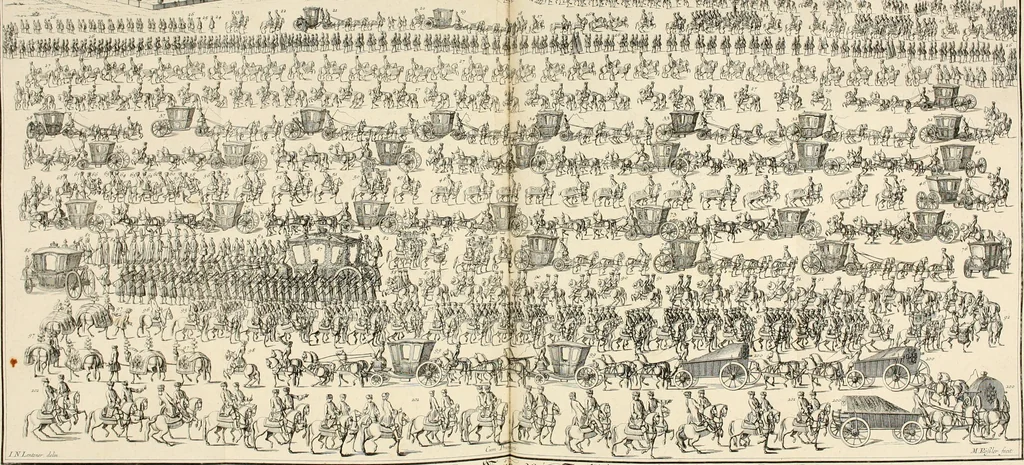 An illustration from Vollständiges Diarium von den merckwürdigsten Begebenheiten die sich vor, in und nach der höchst-beglückten Wahl und Crönung des allerdurchlauchtigsten, grossmächtigsten und unüberwindlichsten Fürsten und Herrn, Herrn Carls des VII., erwehlten Römischen Kaysers ... im gantzen Heil. Röm. Reich, und sonderlich in dieser freyen Reichs- und Wahl-Stadt Franckfurt am Mayn zugetragen : nebst umständlicher Beschreibung der Ein- und Aufzüge, Freuden-Feste, und übrigen feyerlichen Handlungen, sammt vielen Urkunden, Portraits, und andern Kupferstichen : auch einem Anhang von Beylagen, und ausführlichem Register .., 1742, leaf 405